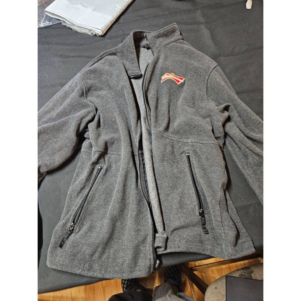 vintage Budweiser Embroidered Logo Full-Zip Fleece Jacket (Charcoal Grey)